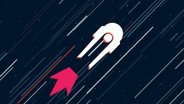 Solo bobsleigh symbol flies through the universe on a jet propulsion. The symbol in the center is shaking due to high speed. Seamless looped 4k animation on dark blue background with stars