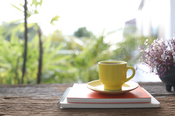 Yellow coffee cup and orange notebook and Mini Turtle Plant