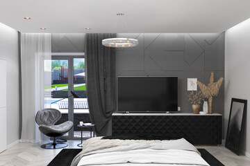 Three dimensional visualization of bedroom design ideas, illustration