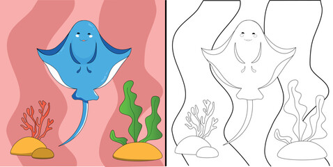 Bright coloring book for children with an example. Marine theme. Cute stingray among the seaweed. Easy level for children. Vector.