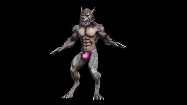 Seamless animation of a werewolf with thong dancing hip hop isolated with alpha channel. Funny cartoon character for Halloween background.