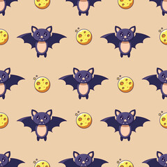 Fototapeta premium Halloween concept. Vibrant vector seamless pattern of bat and The Moon on light beige background. Perfect for wrapping, wallpapers, postcards, web sites, shops