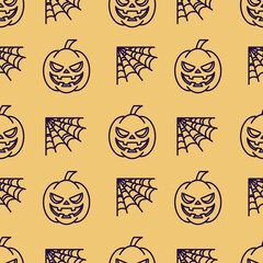 Halloween concept. Vibrant vector seamless pattern of pumpkin and spider web on yellow background. Perfect for wrapping, wallpapers, postcards, web sites, shops