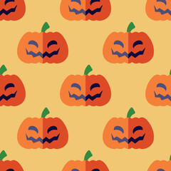 Halloween concept. Vibrant vector seamless pattern of creepy pumpkin on yellow background. Perfect for wrapping, wallpapers, postcards, web sites, shops