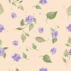 Watercolor seamless pattern with violets, green leaves, isolated on pastel background. For fabric, print, wrapping, interior design. Hand drawn illustration, nature art, provence style.