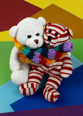 Two different teddy bear toys are wrapped in a rainbow-colored scarf. Concept National LGBT History Month