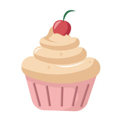 Cupcake Vector. Cupcake with Cherry on Top. Vanilla Cupcake. Muffin Dessert Vector Illustration