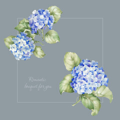 Watercolor set with blooming branches hydrangea, can be used as invitation card for wedding, birthday and other holiday and summer background