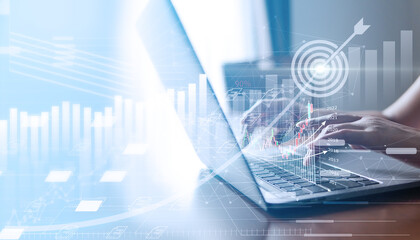 Business people working with modern computer on virtual screen analyzing, finance sales data and economic growth graph chart, Business financial and stock graph, stock marketing analysis.