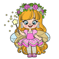 Cute cartoon long haired girl fairy with magic wand color variation for coloring page on white background