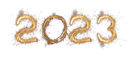 New Year 2023 light. Sparklers draw figures 2023. Bengal lights and letter