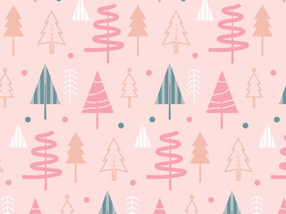 Winter seamless pattern with christmas trees, spruce woods on white background. Surface design for wrapping, giftwrap, textile, fabric, paperand scrapbook