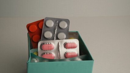 Tablets in blister packs, packs of pills.