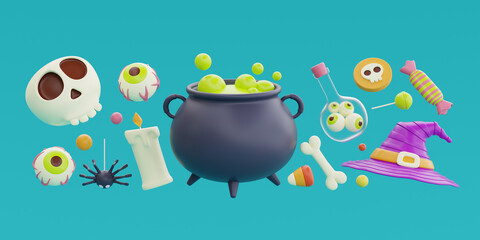 Happy Halloween with witch cauldron, hat, bones, skull, colorful candies and sweets floating, 3d rendering.