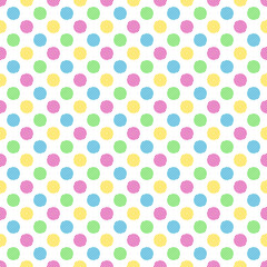 Fototapeta na wymiar Abstract colorful dotted seamless pattern on white background for cool clothing, embroidery design, fabric, textile, cute wrapping paper, batik, curtain, carpet, abstract background, retro wallpaper