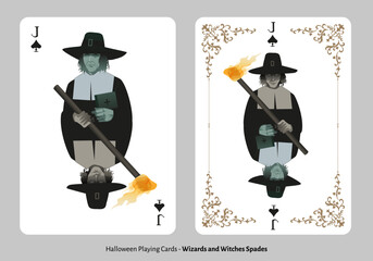 Halloween playing cards. Spades Jack. Man wearing Puritan garb from the 18th or 19th century carrying a religious book. Witch hunter carrying a burning torch.