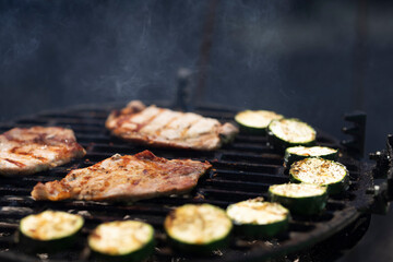 pork and zucchini, garden grill with charcoal