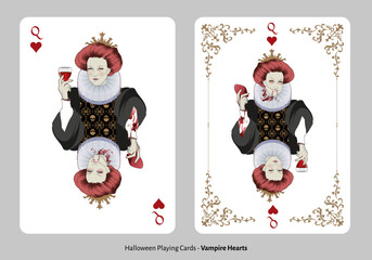 Halloween playing cards. Hearts Queen. Lady wearing old clothes holding a glass of wine. Vampire holding bloody heart with evil smile - obrazy, fototapety, plakaty