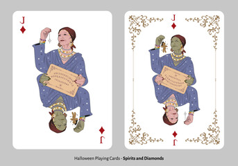 Halloween playing cards. Diamonds Jack. Pythoness holding a diamond pendulum and Ouija board to summon spirits. Witch holding a voodoo doll.