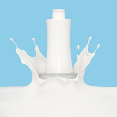 Body lotion in bottle body cream splash or shampoo  over blue ba