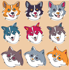 Pattern doodle vector set. Collection of flat color cartoon dogs or puppies characters in different poses.