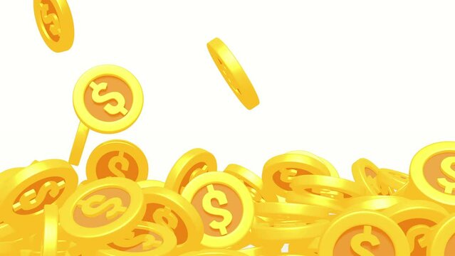 3d gold game coins with dollar sign falling on the floor. Concept of gold rain wealth fortune luxury success. 4K FullHD and HD render footage animation