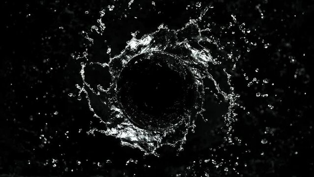 Super slow motion of splashing water rotation isolated on black background. Filmed on high speed cinema camera, 1000 fps. Speed ramp effect.