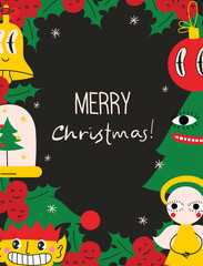 Merry Christmas and Happy New Year 2023. Vector trendy abstract illustration of holiday card with santa claus, deer, crazy geometric shapes, christmas tree and wreath for poster.