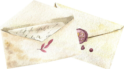 A delicate watercolor envelope with a letter. Vintage composition. - obrazy, fototapety, plakaty