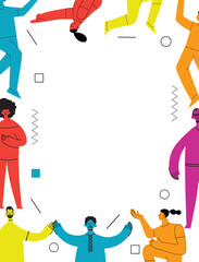 Young men and women with abstract geometric shapes. Team building and teamwork concept. Business partnership, cooperation and communication. Modern flat cartoon style.