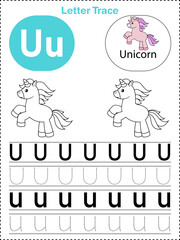 Alphabet letter tracing U for Unicorn