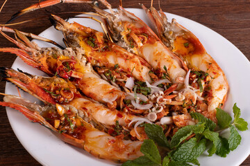 Roasted big river shrimp on the white plate