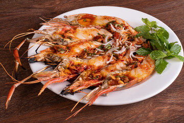 Roasted big river shrimp on the white plate