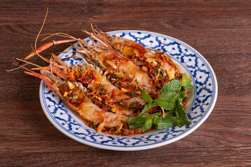 Roasted big river shrimp on the white plate