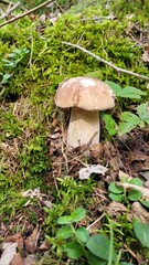 Boletus edulis growing in moss. Edible mushroom with light brown cap and stem with white mesh