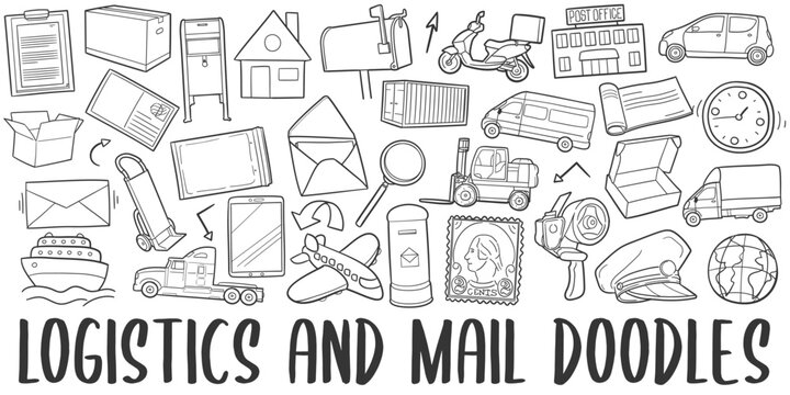Logistics Doodle Banner Icon. Mail Vector Illustration Hand Drawn Art. Line Symbols Sketch Background.