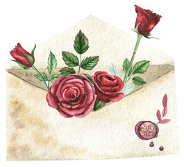 Watercolor envelope with red roses. Invitations. Vintage illustration.