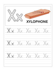 Alphabet letters tracing worksheet. Tracing practice worksheet. Learning alphabet activity page. Letter X