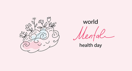 Vector world mental health day poster doodle hand drawn style illustration.
