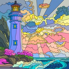 an evening lighthouse on an island washed by the sea with a pleasant atmosphere of the evening sun © Natalia