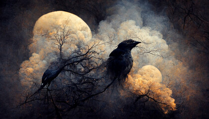 3d illustration of a black crow emerging from smoke in a dark forest at full moon. - obrazy, fototapety, plakaty