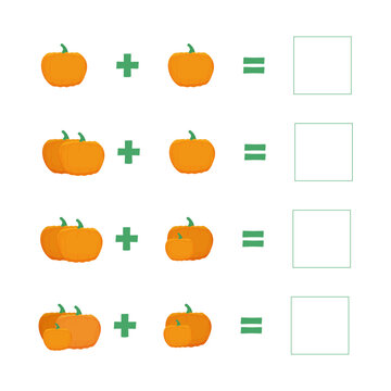 An educational game for children, an additional task by counting and summing pictures with cartoon pumpkins.  Vector illustration. Count the number .