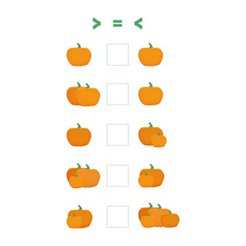 Educational game for children, a task for children. Compare the number of pumpkins and put a sign greater, equal or less. Vector illustration.