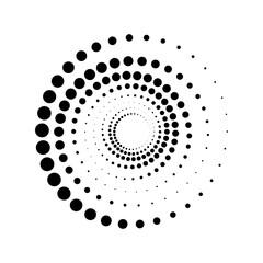 Black circles from a dot in a spiral. Isolated on white background.