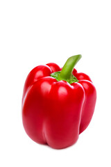 Bright red sweet bell pepper. Vitamins and healthy natural nutrition. Isolated on white background. Vertical. Space for text.