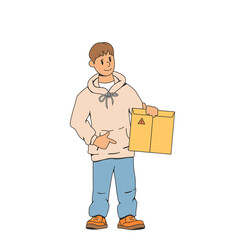 Young man, delivery man. Holds an envelope, a package in his hand. Smiling and pointing at the envelope. The concept of fast delivery of parcels to the house. Order delivery stock vector illustration.