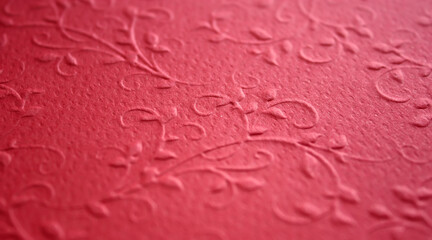 Abstract textured background with embossed floral pattern on red paper surface. Selective focus. Copy space.