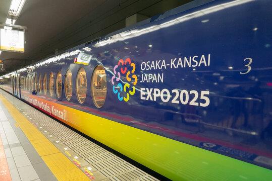 KANSAI AIRPORT, JAPAN-NOVEMBER 12, 2018 : Nankai rapit (rapi:t) 50000 series train that bears Osaka-Kansai Japan World Expo 2025 logo.