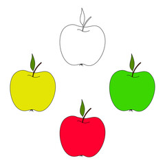 A set of apples with a green leaf. Apples isolated on a white background. Colored fruits red, green, yellow