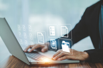 document management concept with icons on virtual screen, ERP Document Management System